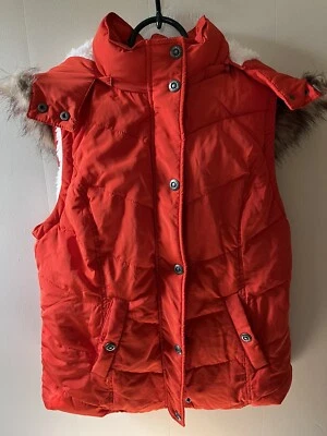 Chaleco acolchado rojo naranja Sherpa polar/capucha desmontable con ribete de piel sintética L Gr té Foto 1 de 4