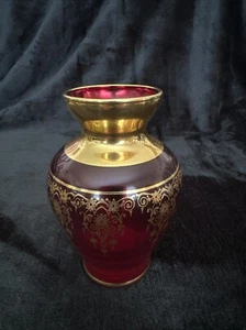 VECCHIA: Vtg Murano Italy Art Glass Ruby Red & 24K Gold Trim Chandelier Vase - Picture 1 of 6
