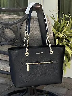 MICHAEL KORS JET SET MEDIUM FRONT ZIP CHAIN TOTE BAG PURSE MK BLACK LEATHER GOLD - Image 1 of 4