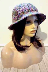 crochet handmade womans bucket flower hat brim cloche artist print - Picture 1 of 2