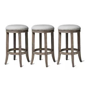 Maven Lane Eva Counter Stool, Reclaimed Oak Finish w/ Ash Grey Fabric, Set of 3 - Picture 1 of 6