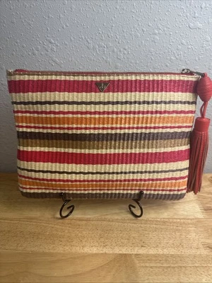 Bolso de Mano Sam Edelman Rosa Bordado Sobre Paja Grande Cuero Coral Borla Foto 1 de 4