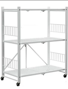 Folding Storage Shelves 3-Tier Metal Foldable Shelf Shelving Rack Rolling Wheel - Picture 1 of 9