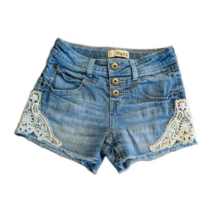 Mudd Denim Crochet Lace CutOff Stretch Jean Shorts Girls 12 Blue Y2K Cottagecore - Picture 1 of 10