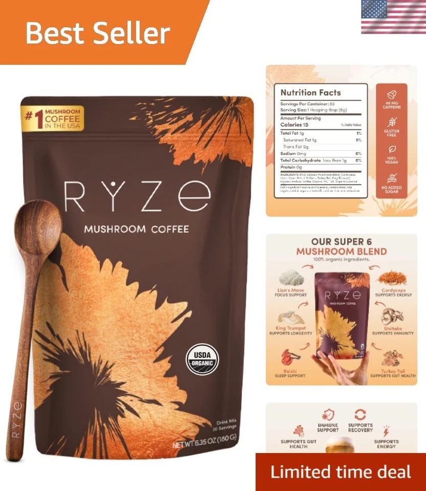 RYZE SUPERFOODS Mushroom Coffee USDA Organic with 6 Adaptogenic Mushrooms