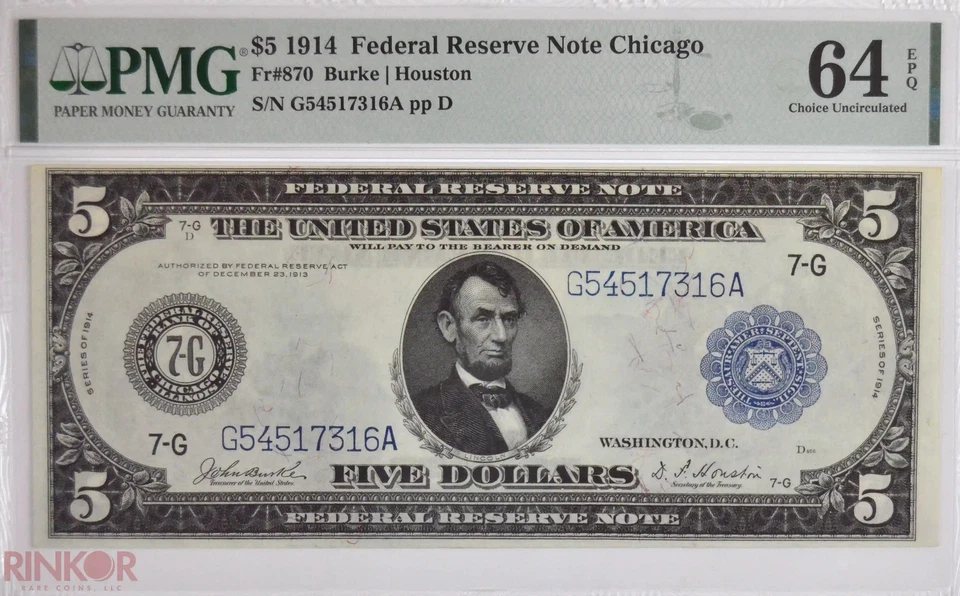 1914 $5 Fr. 870 Chicago Federal Reserve Note PMG CU 64 EPQ - Image 1 of 3