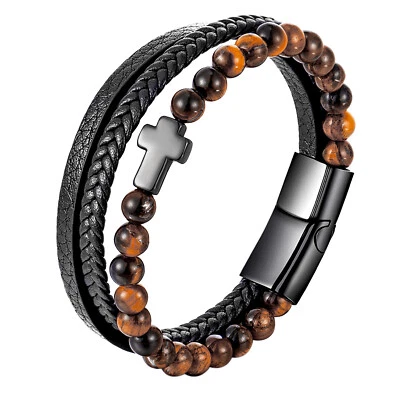 Cross Leather Braided Bracelet Tiger Eye Stone Bracelet Cuff Magnetic Bangle Men - Image 1 of 4