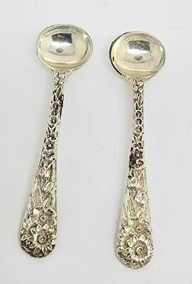 A SET OF 2 RARE ANTIQUE  S KIRK & SON REPOUSSE  SALT SPOONS 2 3/8"  NO MONO b7 - Image 1 of 4
