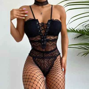 Lace Teddy Bodysuit for Women -Crisscross Strappy Lace Teddy Open Crotch Costume - Picture 1 of 22