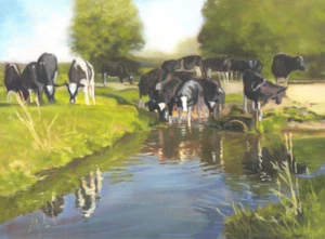 ELAINE MARSTON ORIGINAL "Having a Drink in Suffolk" Friesian Cows OIL PAINTING - Picture 1 of 2