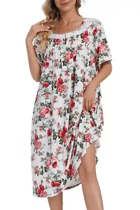 Womens Nightgown cotton Sleep Shirts Short Sleeve Sleepwear with Pockets Whit... - Picture 1 of 6