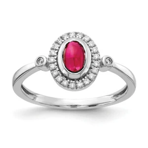 14K White Gold Diamond Oval Cabochon Red Ruby Halo Ring Gemstone Band July ... - Picture 1 of 50