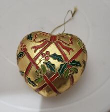 Vtg Gold Enamel Cloisonne holly berry christmas heart bow ribbon ornament