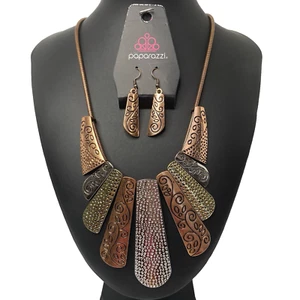 Paparazzi Untamed Hammered Copper Gold Silver Vine Necklace and Earring Set - Picture 1 of 4