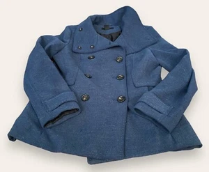 H&M Pea Coat Women’s Sz 8 Blue Double Breasted Winter Jacket Funnel Neck Preppy - Picture 1 of 11