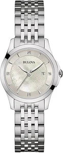 Reloj de vestir para mujer Bulova 96P160 tono plateado 4 diamantes blanco MOP esfera de fecha - Imagen 1 de 2
