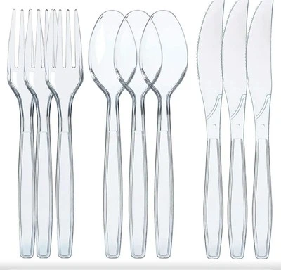 Juego de cubiertos de plástico de 300 piezas - 100 cada uno de tenedores, cuchillos, cuchara de plástico transparente... Foto 1 de 4