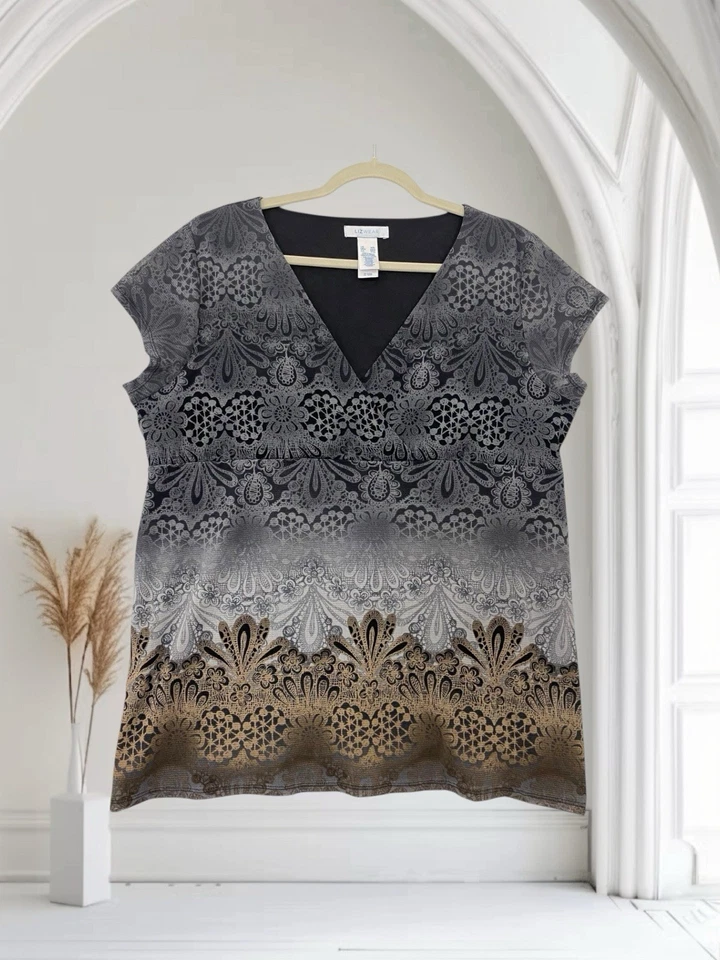 Top para mujer Liz Wear con superposición de malla floral cuello en V talla XXL Y2K otoño boho chic Foto 1 de 4