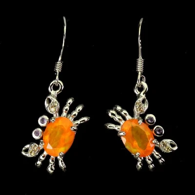 925 Sterling Silver Earrings Oval Orange Opal 8x6mm Sapphire Gemstone Jewelry - Image 1 of 4
