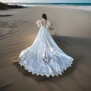 Spettacolare abito da sposa lungo Tiffany vintage manica a sbuffo anni 80 perline treno - Foto 1 di 24