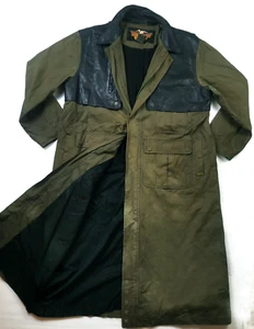 HOT VINTAGE Men's HARLEY DAVISON @ WAXED Cotton LEATHER TRIM OLIVE TRENCH Coat L - Picture 1 of 22