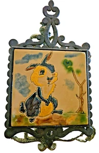 Vintage BOHO Cast Iron Bunny Folk-Art Tile Trivet Rabbit Thumper Bambi 1960 - Picture 1 of 10