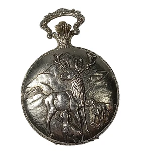 VTG HENRY Antimagnetic pocket watch Elk w/dogs cover silv tone not running 1970s - Picture 1 of 4