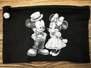 Small Black Canvas Accessory Pouch Zipper Portable Black White Mickey Minnie - Picture 1 of 1