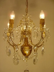 ANTIQUE VINTAGE FRENCH 5 LAMPS CRYSTAL GLASS BRASS OCHER CHANDELIER FIXTURES - Picture 1 of 6