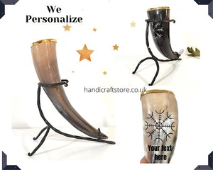 Ox-Horn Viking Drinking Horn Beer Mug With Iron Stand Holder | Best Gift For Him - Picture 1 of 6