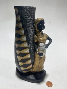 African Statue Woman W/Pitcher Vase RARE Black Gold 8.25” Tall - Picture 1 of 5