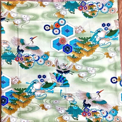 Vtg GVH Hawaiian Green Asian Crane Print Rayon Fabric Hawaiian Floral 44x124"  - Image 1 of 4