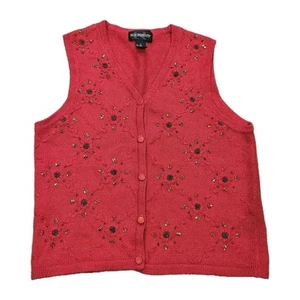 Vtg Embroidered Floral Sweater Vest Womens S Red Beaded Boho Artsy Button Up - Picture 1 of 8