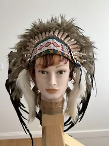 Native American Indian Chief Bonnet Headdress Feather Beaded Faux Fur Hat Party - Picture 1 of 13