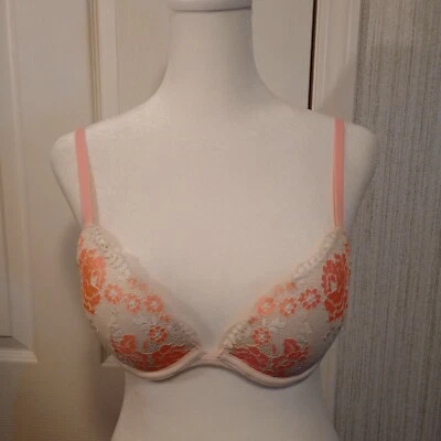 Women's Push Up Bra Sz 34B Peach Cream Floral Underwire Padded Lace Demi Cup EUC - Image 1 of 4