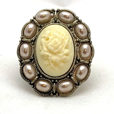 Off White Rose Cameo Pearl Ring, Cream Plastic Flower Pearl Frame Statement Jewe - Image 1 of 4