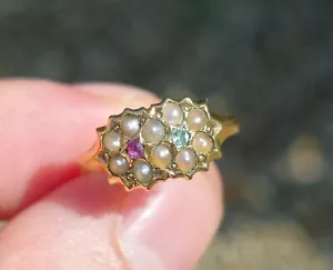 18ct Gold Edwardian Natural Pearl, Emerald & Ruby Double Cluster Ring Size K 1/2 - Picture 1 of 4