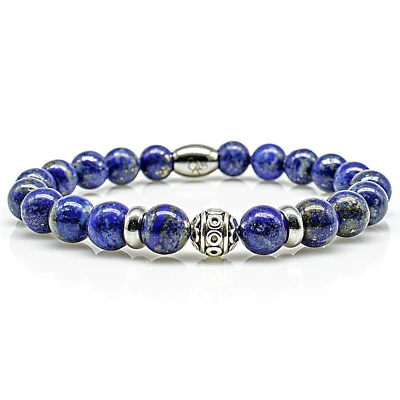 Lapislazuli Armband Bracelet Perlenarmband Beads R Silber blau 8mm Edelstahl - Bild 1 von 2