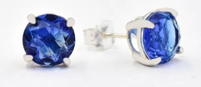 LAB CREATED 6.54 克拉蓝色 TOPAZ STUD 耳环 0.925 纯银 - 8 毫米 - 全新带标签 — 第 1/4 张图片