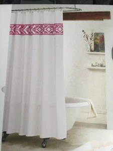 New Boho Shower Curtain Bohemian White Fabric Pink Tribal Embroidered Bathroom - Picture 1 of 5