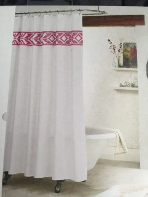 New Boho Shower Curtain Bohemian White Fabric Pink Tribal Embroidered Bathroom - Image 1 of 4