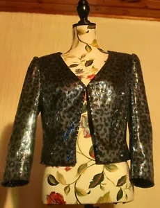Next Silver Midnight Blue Leopard Sequin Short Evening Party Jacket Tux UK 12 - Picture 1 of 9