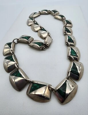 Sterling Silver 925 Malachite Inlay Taxco T-M 200 16" Necklace Ag 2295 Foto 1 de 4