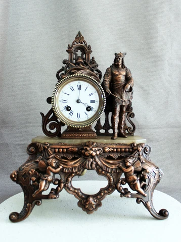 French Romantic Bronze table clock Viking with alabaster base Cover