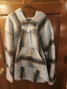 Earth Ragz Poncho Mexican Blanket Pullover Hoodie Size L Blue Grey