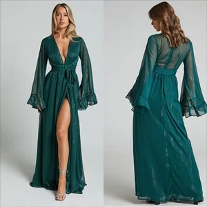 Showpo Dangerous Woman Maxi Dress Size 10 Emerald Plunge Thigh Split New - Picture 1 of 9