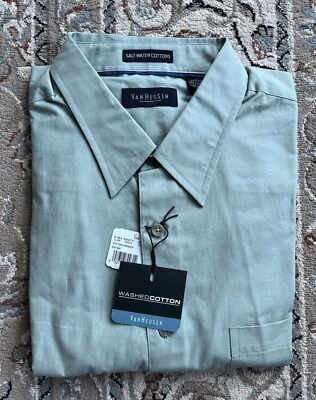NWT  XL Van Heusen Salt Water Cottons Light Sage Green Button Up SS Camp Shirt - Image 1 of 4