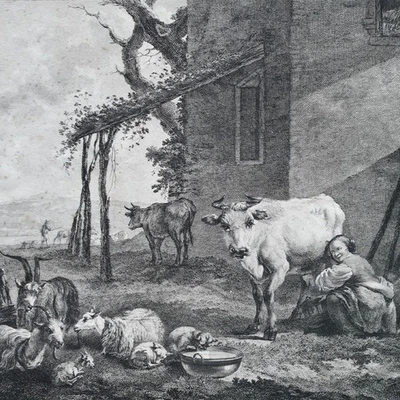 Berchem nach Pierre Laurent Pastorale Szene Occupation Bergère Stahlstich 1773 - Bild 1 von 4