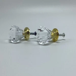 2 Diamond Shaped Clear Crystal Glass w/ Gold Backplate Drawer Knobs - Picture 1 of 6