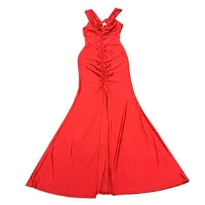 Red Ruched Maxi Dress Sleeveless Deep V Neck Evening Gown Size M - Picture 1 of 10